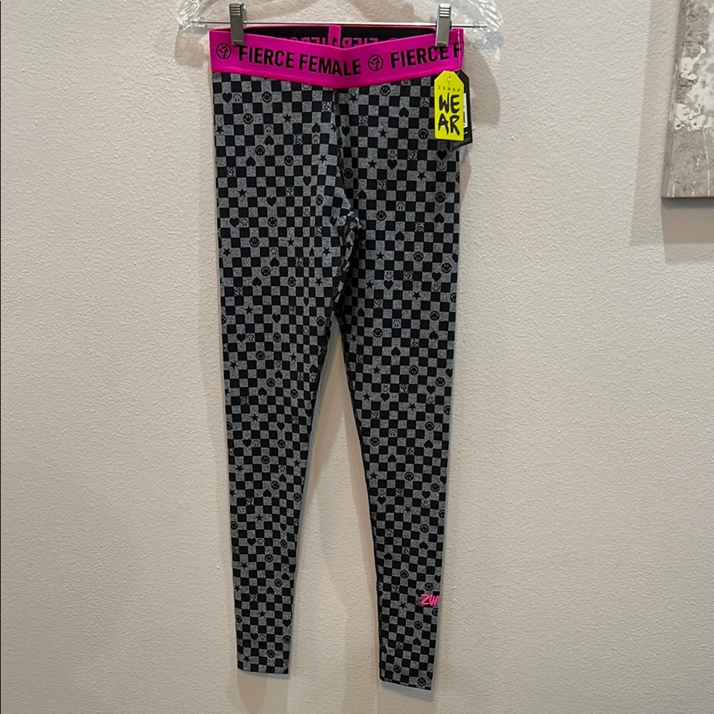 Zumba Fitness Black and Pink Leggings Bold Checkered Design